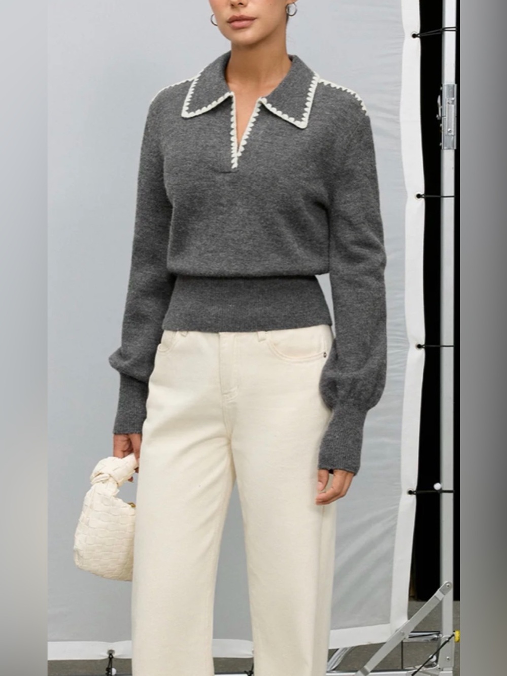Commence Women’s Grey/Taupe Knit Polo Sweater with White Trim